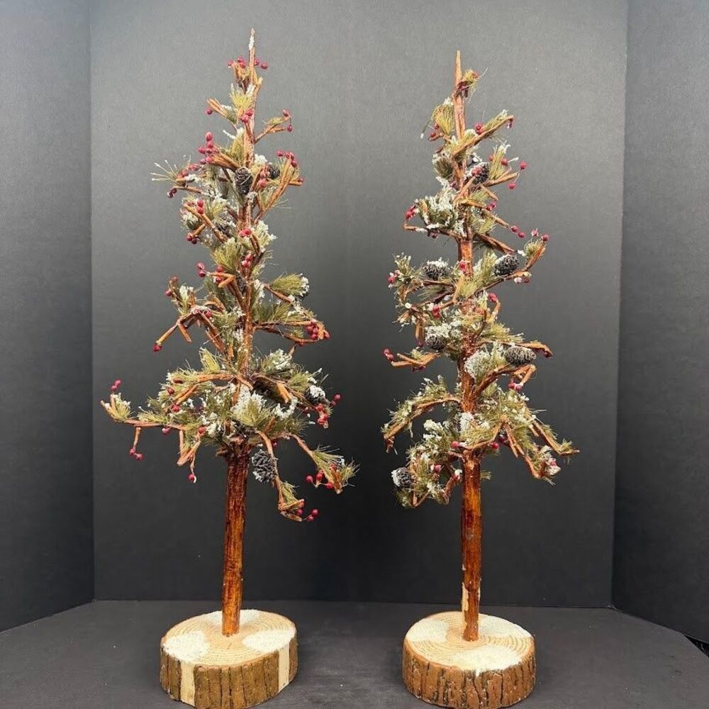 Department 56 Village 24 Inch Trees w Berries and Pinecones, Set of 2 48731-Rare
